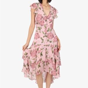 INTERMIX Pink Floral High-Low V-Neck Dress
